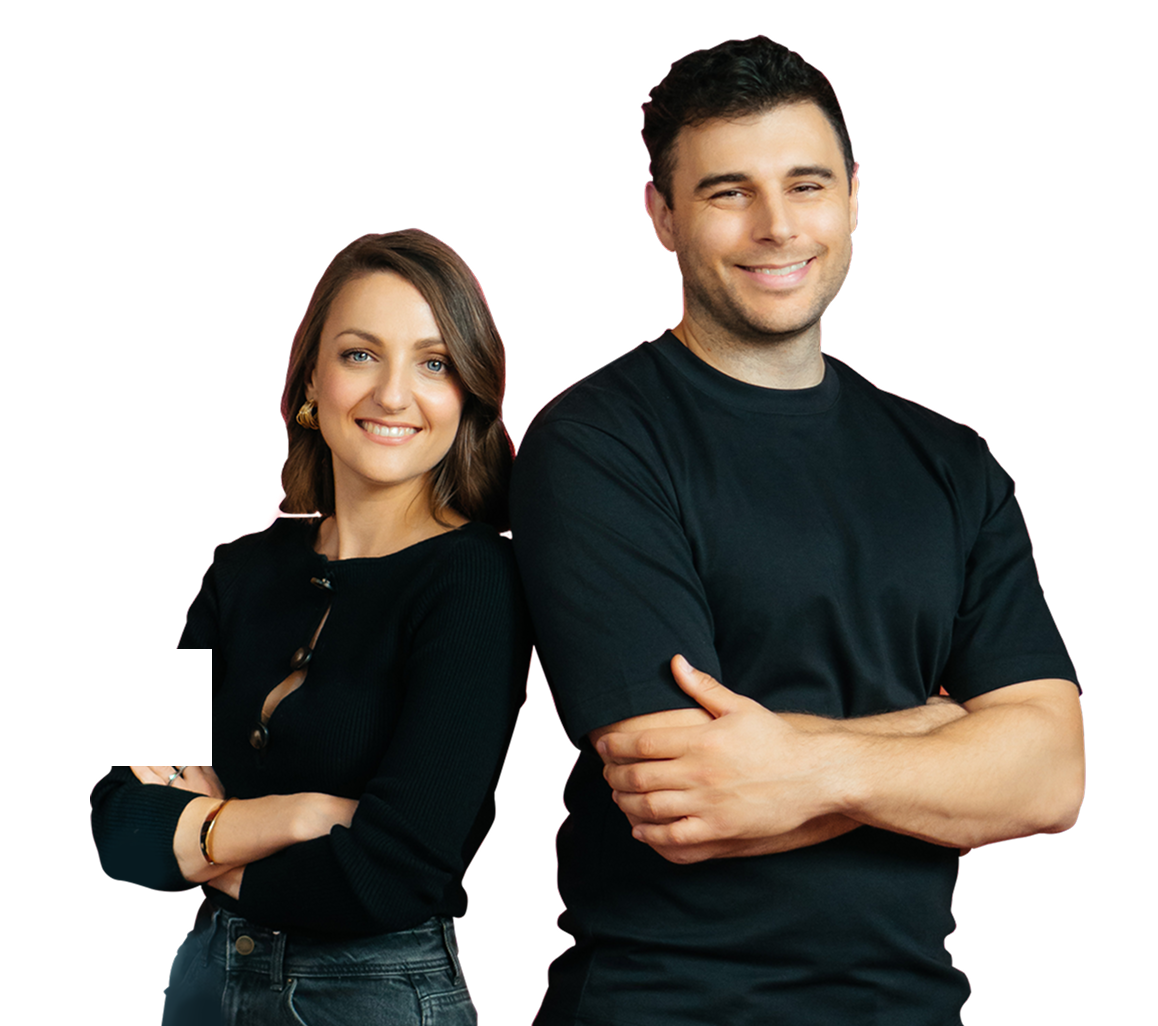 Transparent background image showing large white brackets [1] with a man and woman standing together in front of modern city skyline