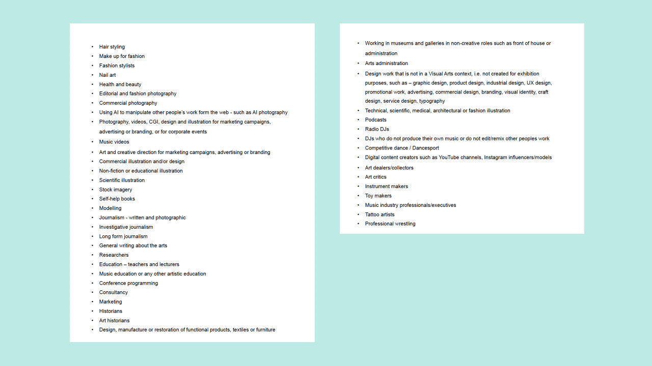 Ineligible Art and Culture Professions