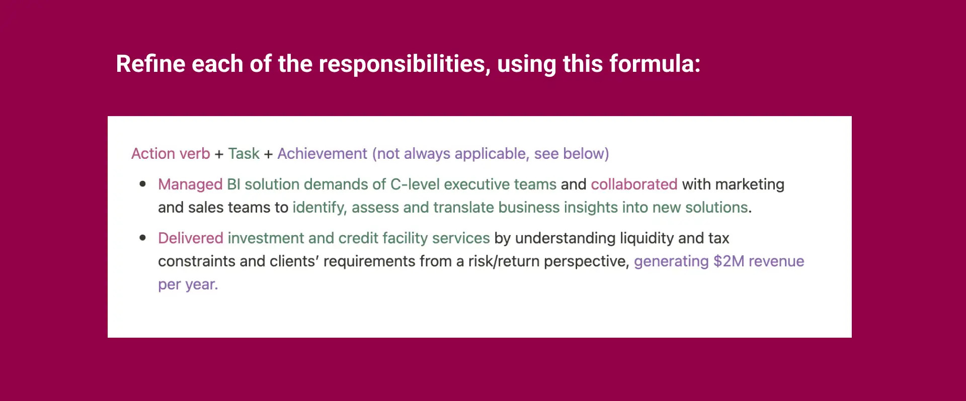 Refine each of the responsibilities, using this formula copy